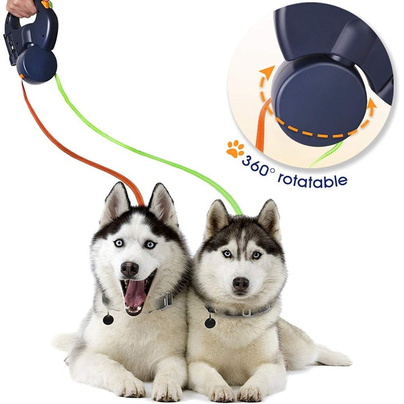 Dog Leash For Two with Flashlight and Poop Bag