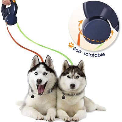 Dog Leash For Two with Flashlight and Poop Bag