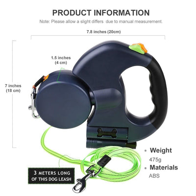 Dog Leash For Two with Flashlight and Poop Bag