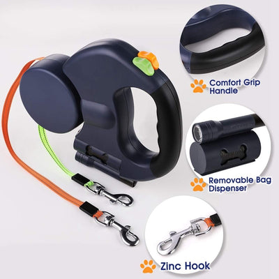 Dog Leash For Two with Flashlight and Poop Bag